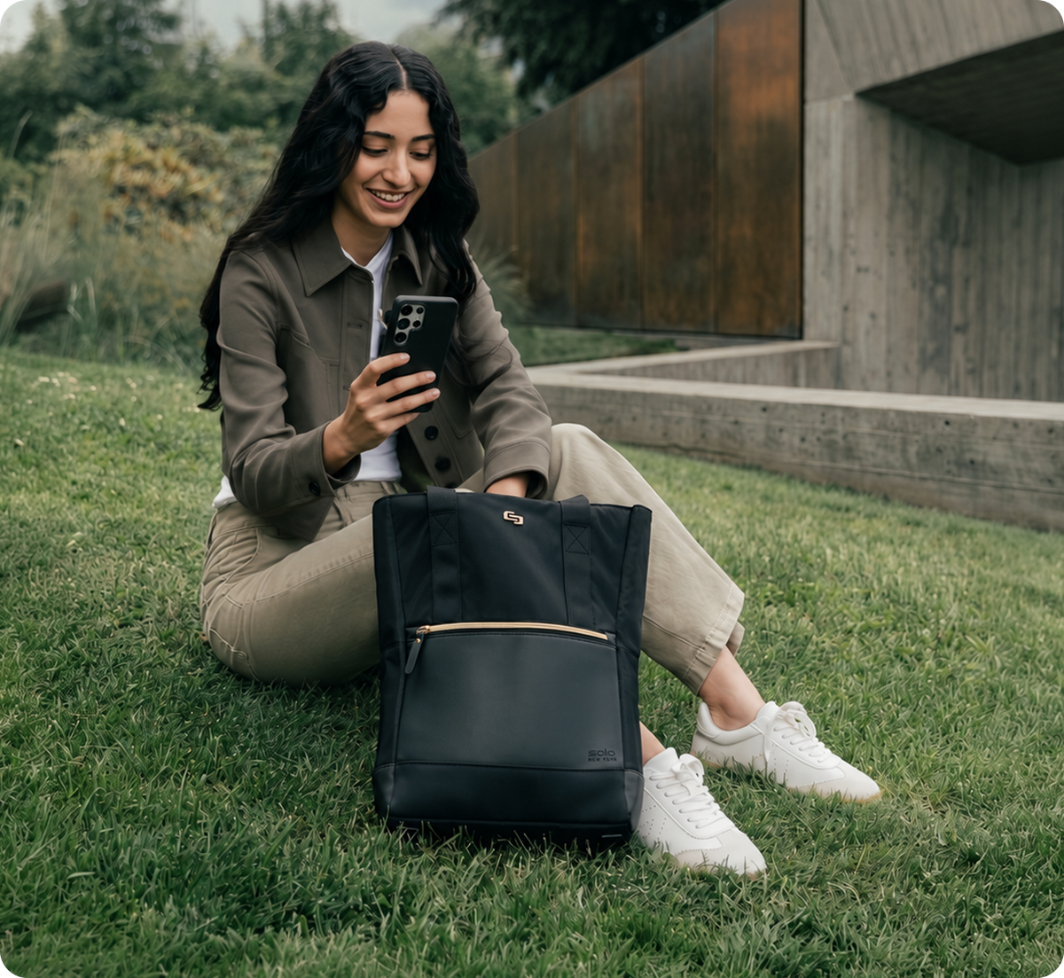 A Solo New York hybrid bag carried as a backpack